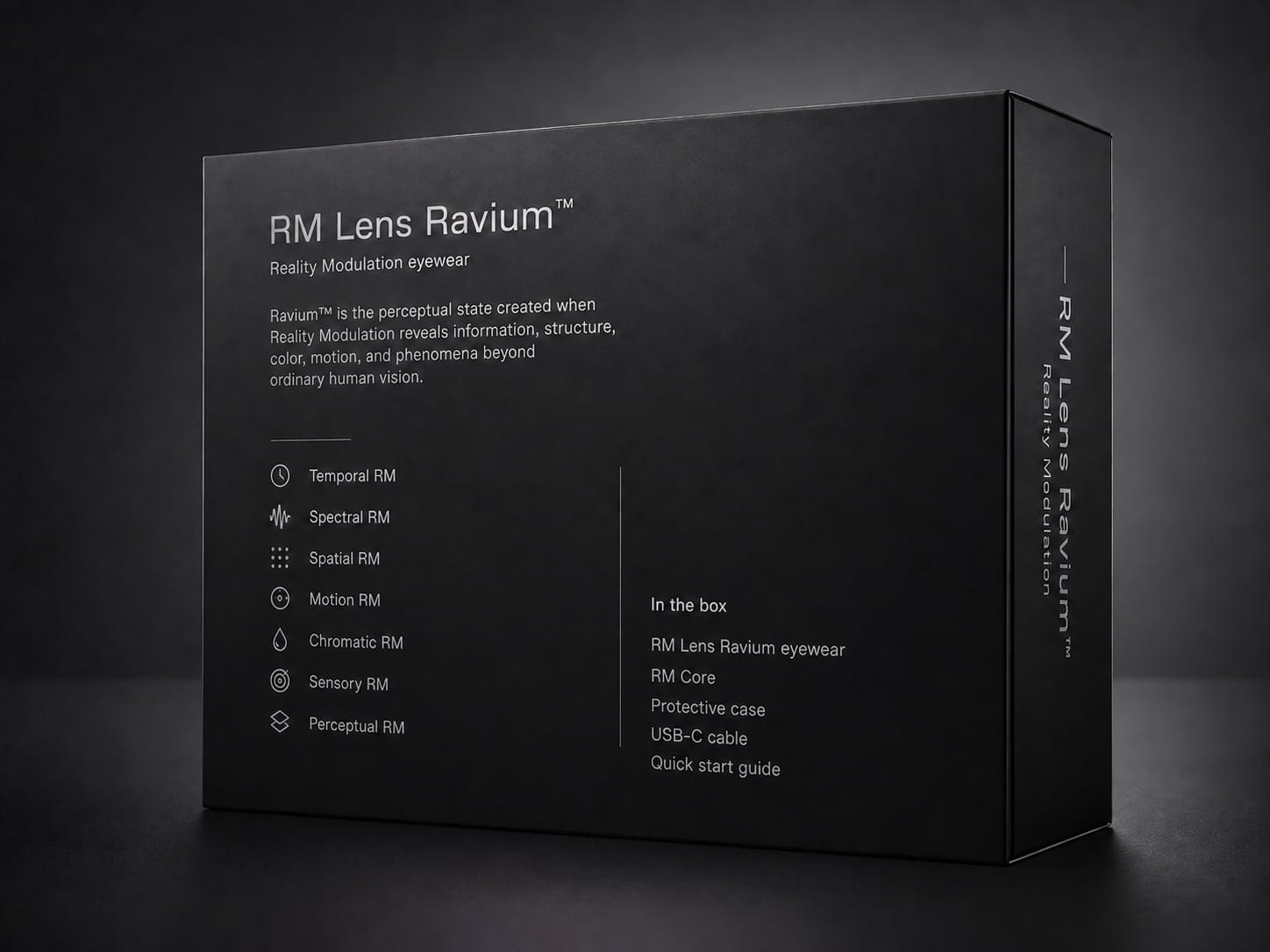 RM Lens Ravium™ packaging, back panel listing the RM Experiences and what is in the box