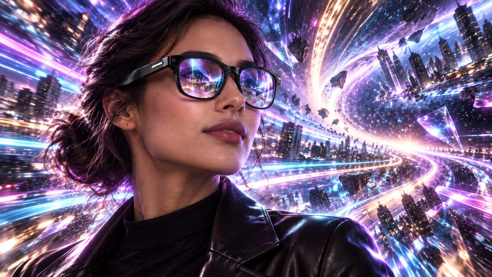 Ludicrous: a city dissolving into streaks of violet, cyan and gold light around a woman wearing Ravium™