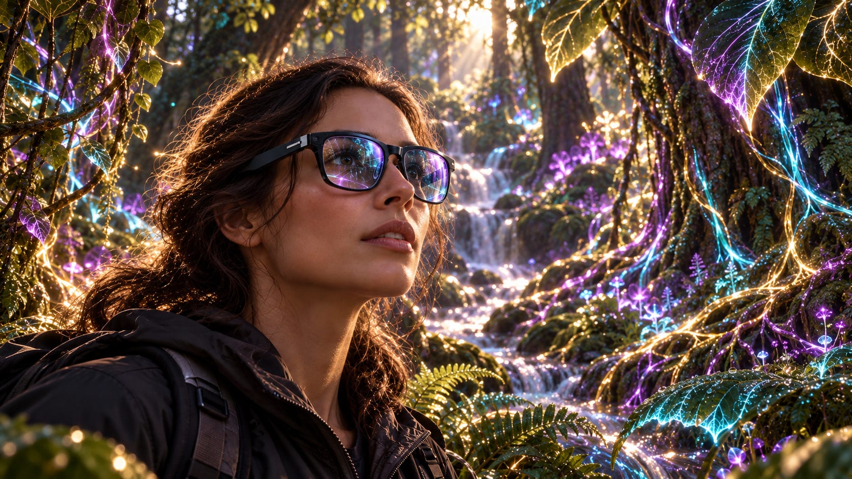 Spectral RM: a forest where leaves and water glow in violet, cyan and gold