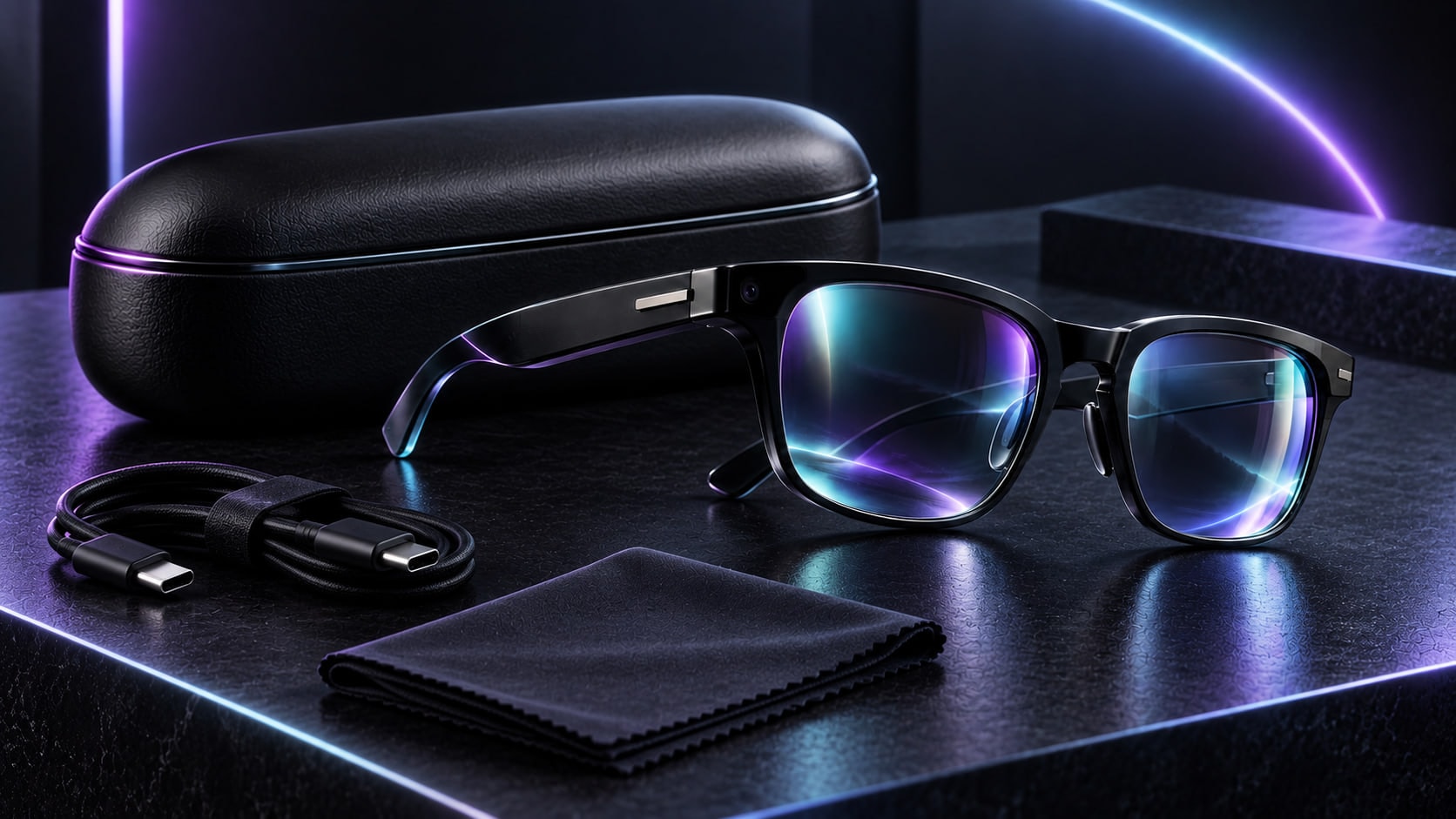 Ravium™ eyewear with its protective case, USB‑C cable and cleaning cloth on a dark surface